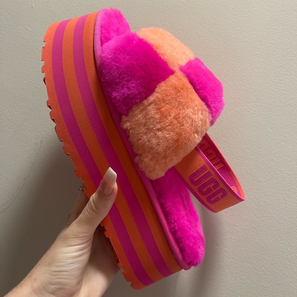 Bright pink and orange platform UGGS SLIPPERS